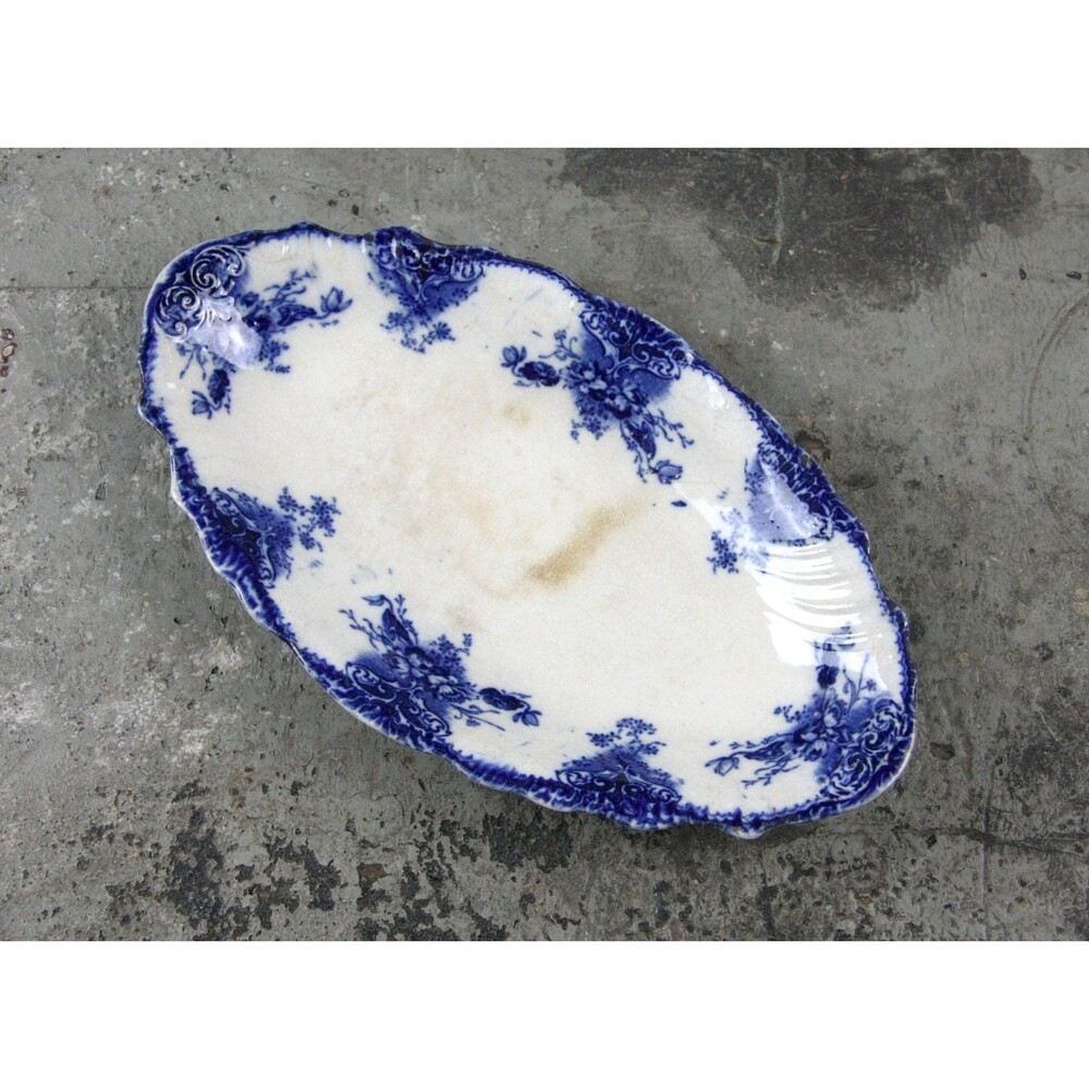 Antique Ironstone Flow Blue Relish Dish or Dresser Tray, stained and crazed - Picture 3 of 5